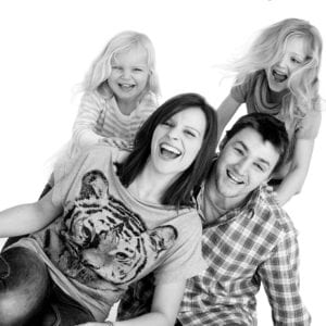 Black and white family portrait photograph